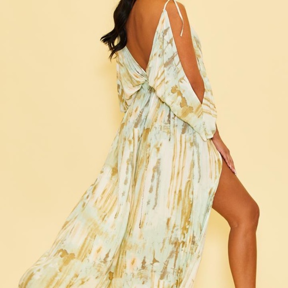 OPEN SLEEVE DEEP V HIGH SLIT MAXI PASTEL DRESS - Picture 2 of 5